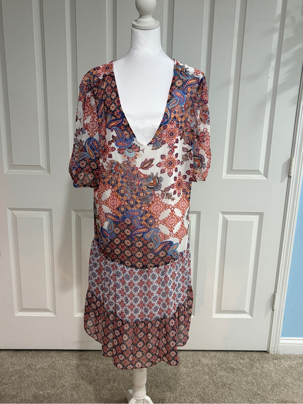 INC International Concepts White Paisley & Tile Print V-Neck Dress